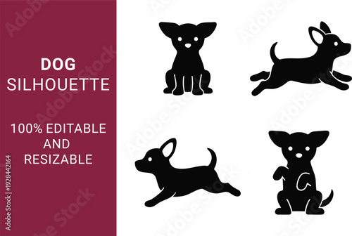  Dog Silhouette set with Various Breeds and Poses while they are Jumping, Running, and Sitting can be use able for Pet Branding and Logos 100% editable