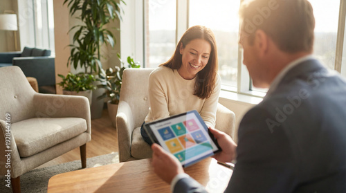 Smiling client gets financial consultation today. Professional consultation with advisor using tablet in modern lounge, for open enrollment insurance or tax season planning, warm sunlight concept