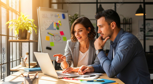 Two business professionals collaborating on ideas at modern workspace