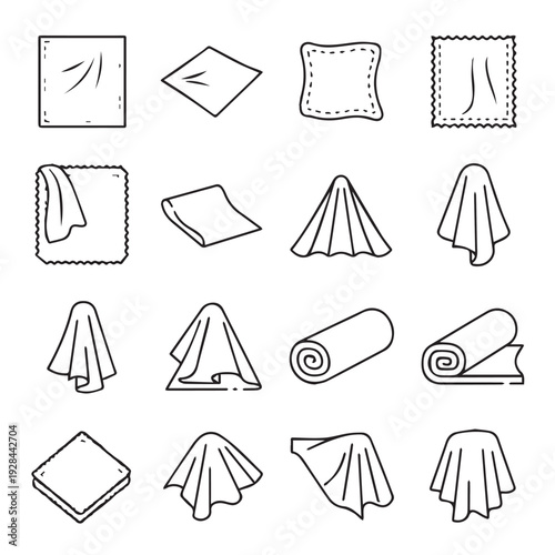 Collection of fabric cloths in various folds and shapes line art icons. Textile material representations