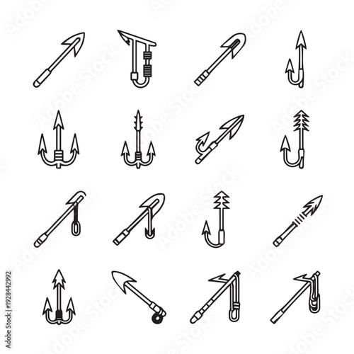 Collection of Fishing Harpoons and Hooks Vector Icons Nautical Tools Line Art