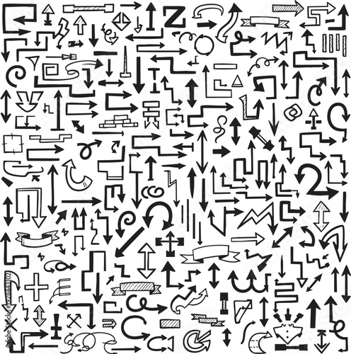 Hand-drawn doodle arrow set sketch collection of direction pointers and navigation symbols in black ink on a white background