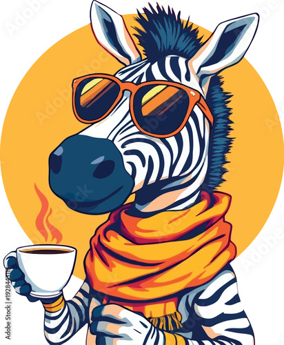 Vsai zebra wearing sunglasses and scarf drinking coffee