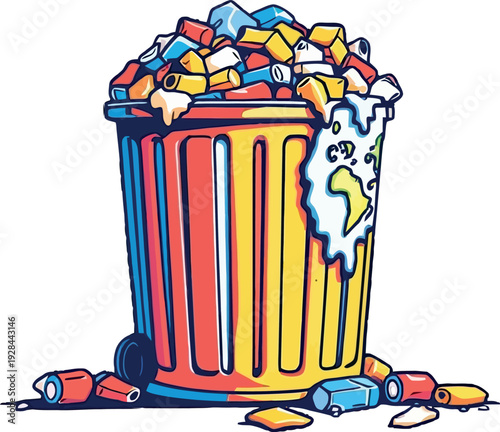 Vsai trash can overflowing with global waste and pollution