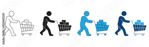 Diverse icon set. Depicting a person pushing a shopping cart filled with boxes. Vector illustration.