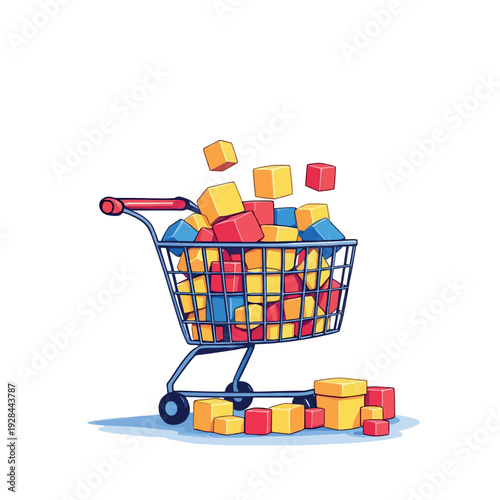 Vsai shopping cart overflowing with colorful blocks and products