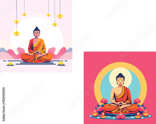Vsai gautama buddha meditating surrounded by spiritual lotus flowers