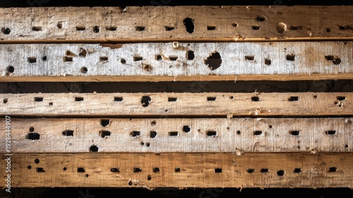 Close-up view of splintered wooden planks from a damaged barricade showcasing texture and wear.