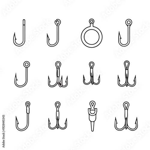 Collection of Fishing Hooks and Swivels Various Types Line Art