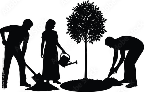 People planting and watering tree silhouette representing environmental conservation and teamwork concept, minimalist black illustration isolated on white background