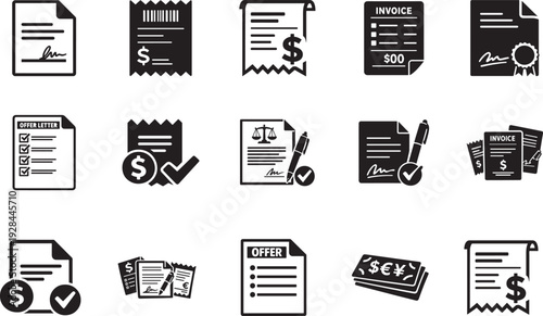 Invoice, offer and contract outline icon set with bill, receipt financial document vector.