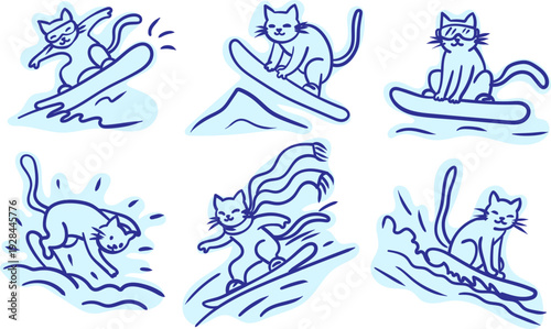 funny cats snowboarding set vector doodle illustration of cute kittens on snowboards for winter sports design posters