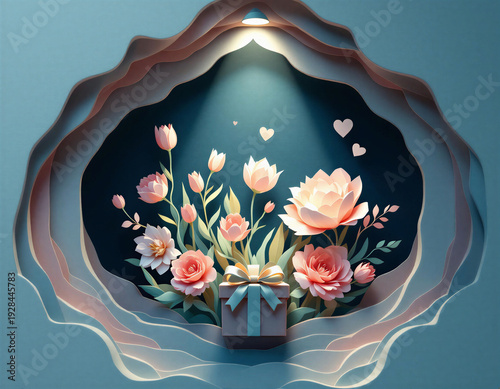 Pastel paper-cut tulips with ribbon and gift box in layered relief, cool twilight light, muted sage and dusty rose tones, deep shadow vignette