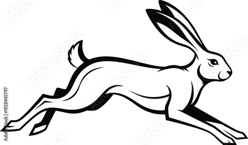 Running rabbit silhouette icon representing speed agility and wildlife concept, minimalist black hare illustration isolated on white background 