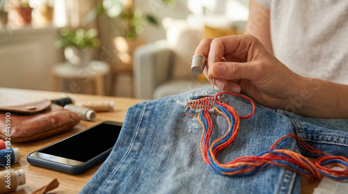 Close up of hands darning ripped blue jeans with colorful thread using a needle and thimble to repair clothing
