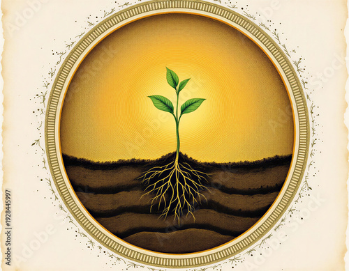 Vintage crosshatch engraving of soil cross-section with sprouting seedling through oval arch frame on aged parchment, warm amber to sage gradient, tree ring borders, pastel shadows