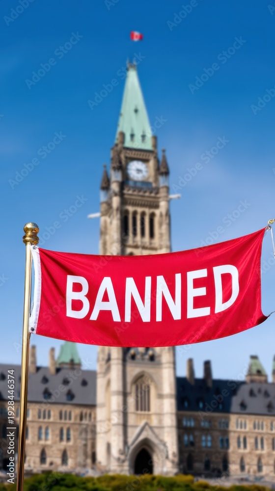 Obraz premium Iconic government building with a vibrant red banner reading BANNED, showcasing a striking contrast against the clear blue sky