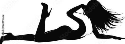 Woman lying silhouette icon representing fashion beauty and glamour concept, minimalist black female figure isolated on white background vector illustration