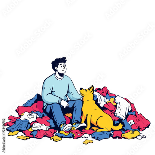 Vsai man with pet dog sitting on large pile of clothes