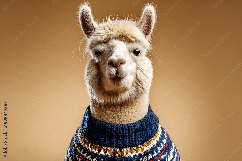 Fototapeta premium Llama poses in a sweater against a plain background during indoor session