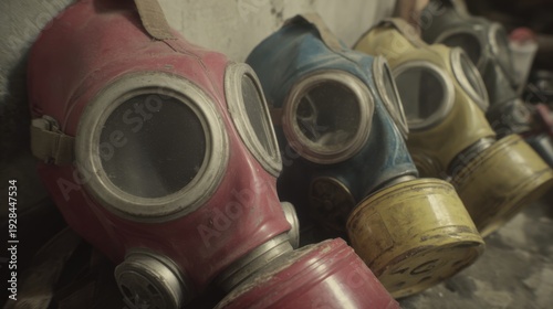 Wallpaper Mural Collection of vintage gas masks with colored filters displayed for protection and history Torontodigital.ca