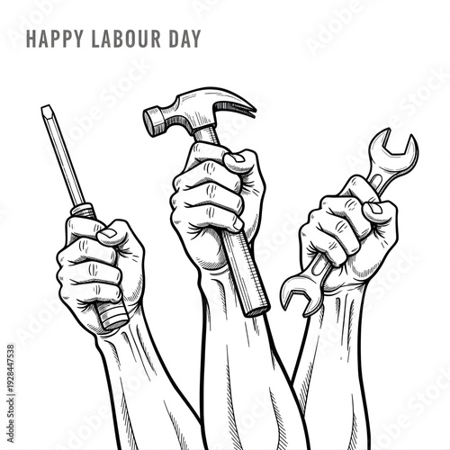 International Workers Day Celebration Concept with Labor Symbols and Typography on May Day