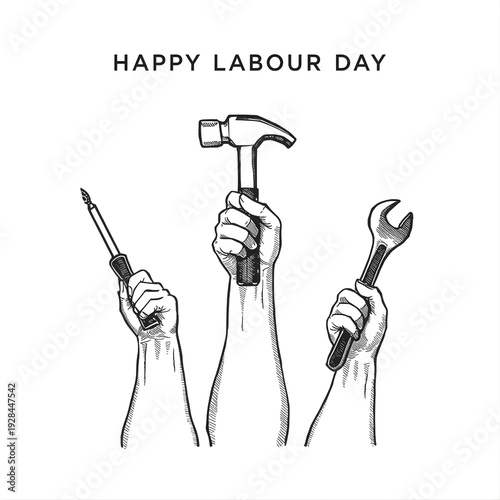 International Workers Day Celebration Concept with Labor Symbols and Typography on May Day