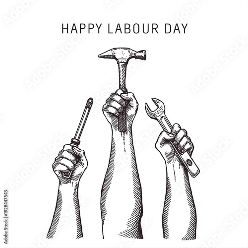 International Workers Day Celebration Concept with Labor Symbols and Typography on May Day