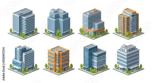 Isometric office buildings set, modern architecture