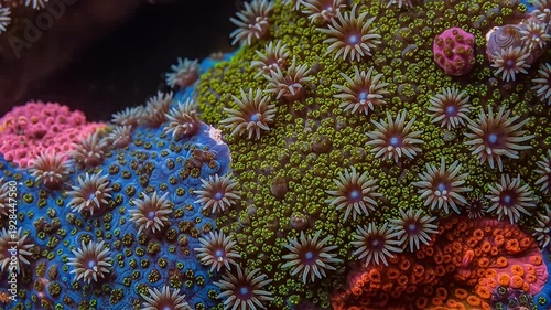Close-up of vibrant corals featuring intricate patterns and textures in blue, green, and red