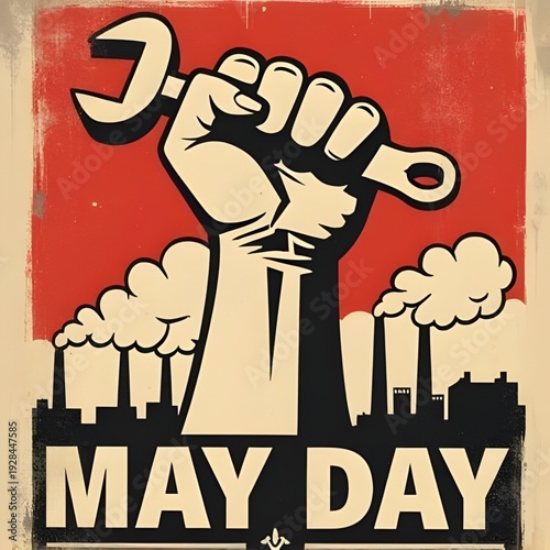 International Workers Day Celebration Concept with Labor Symbols and Typography on May Day