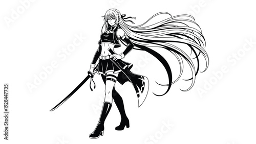 Elegant warrior with flowing hair and sword in dramatic pose Vector