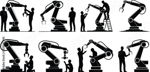 Human robot collaboration silhouette vector illustration, industrial teamwork, robotic arms, maintenance tasks, programming, manufacturing design, black artwork, technology integration, stock concept