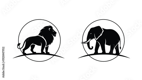Contrasting silhouettes of a lion and an elephant in circular frames Vector