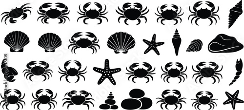 Marine silhouette vector illustration, crabs, seashells, starfish, lobster claw, stacked stones, ocean life design, black artwork, decorative sea creatures, beach-themed stock art
