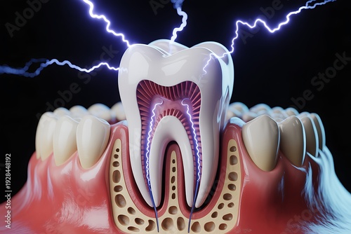 Close-up illustration of a tooth with visible nerve endings and lightning bolts