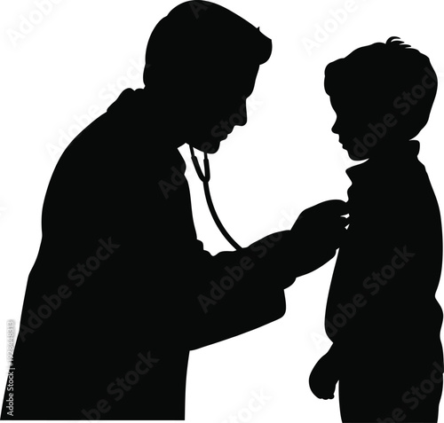 Silhouette healthcare professional examining child with stethoscope, pediatric medical checkup vector illustration, doctor patient interaction, child health care concept, hospital clinic design