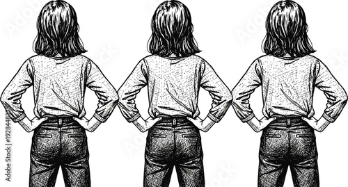 Three identical young girls standing side by side with their hands on their hips from behind.