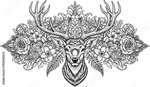 Intricate black and white illustration of a deer head surrounded by detailed floral patterns