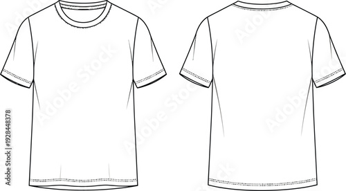 Technical flat sketch of a classic short sleeve crew neck t-shirt front and back views.