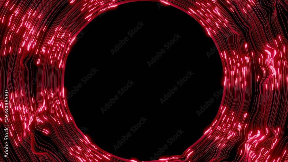 Fototapeta premium Horizontal 3D abstract neon light data fibre optic, background copyspace poster banner template mockup wallpaper branding, futuristic tunnel portal glow lines energy, red black dark cyberpunk motion