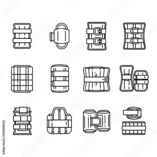 Collection of horse leg protection wraps and boots icons line art isolated