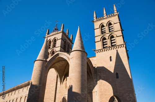 St. Peter's Cathedral in Montpellier, notable for its Gothic architecture, characterized by its two massive towers on the main façade, city of Montpellier, France.
