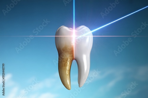 A close-up view of a tooth being treated with a laser beam in the sky