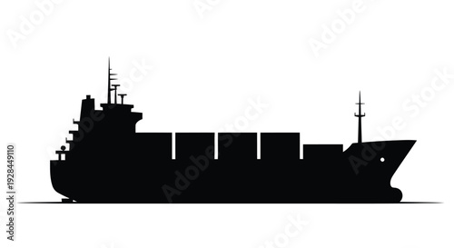 Silhouette of a large cargo ship against a plain white background