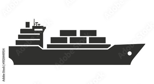 Simple black silhouette of a cargo ship carrying stacked containers at sea