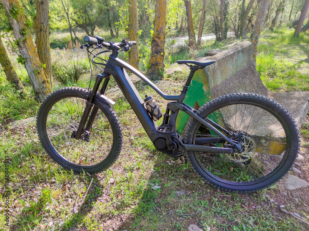 Fototapeta premium Electric mountain bike on sunny wooded trail