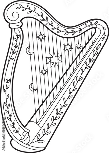 Elegant Celestial Harp Line Art Illustration with Stars and Moons