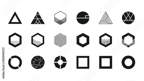 Geometric shapes arranged in a grid pattern with varying complexity and fill styles Vector