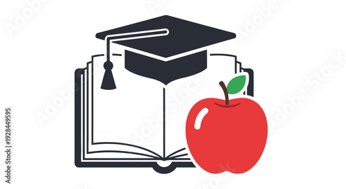 Graduation cap resting on an open book with a bright red apple nearby